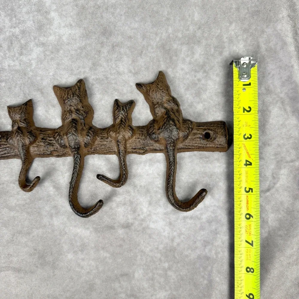 Cast Iron Cat Tail Wall Hook Rack 7 Hooks Rustic Brown Metal Key Leash Holder